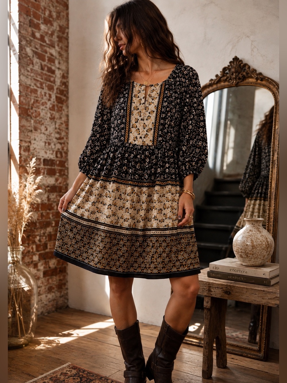 Tommy Hilfiger Black and Cream Floral Tiered Dress